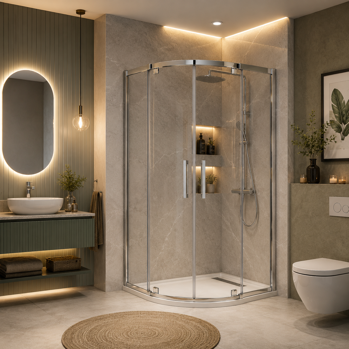 CA Banyo Parlak Krom Profil Şeffaf Camlı Oval Çift Sürgülü Köşe Duşakabin