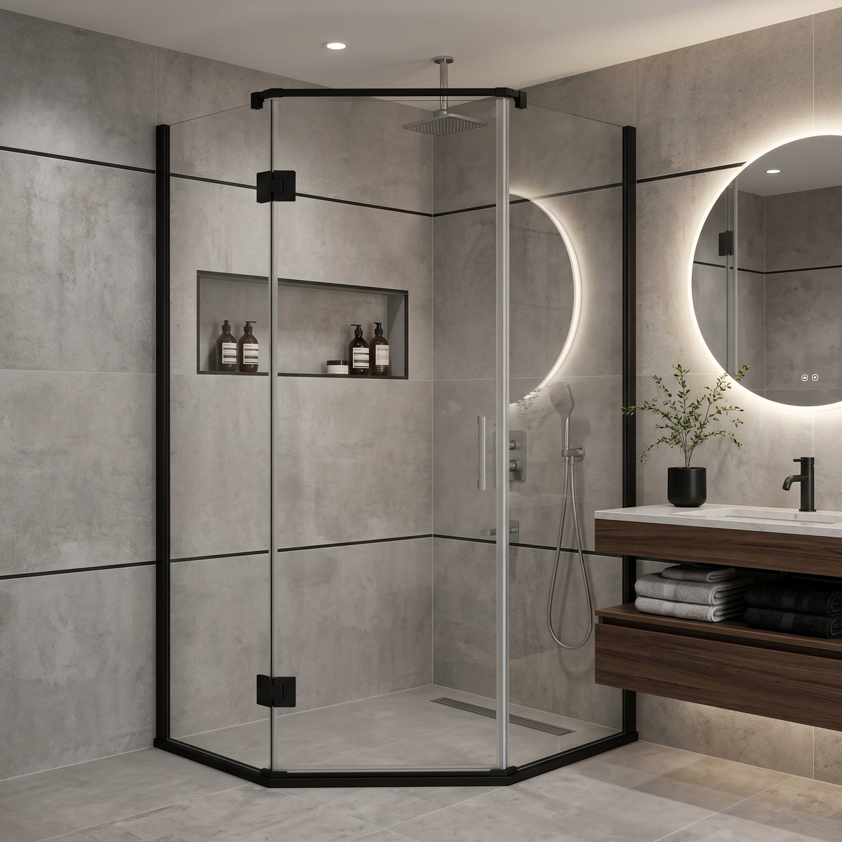CA Banyo Mat Siyah Beşgen Açılı Menteşeli Köşe Duşakabin