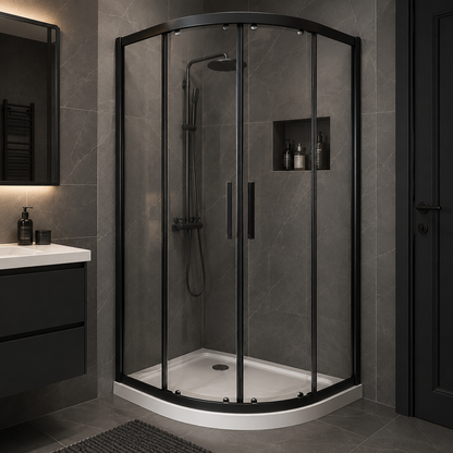 CA Banyo Mat Siyah Profil Şeffaf Camlı Oval Sürgülü Duşakabin
