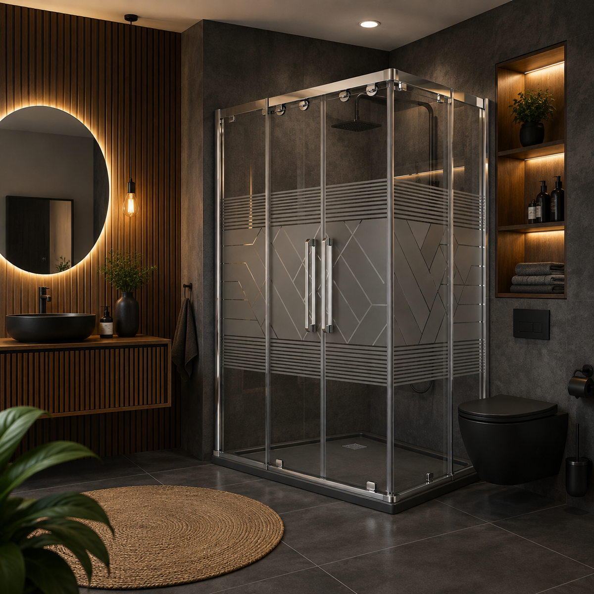 CA Banyo Parlak Krom Profil Desenli Camlı Çift Sürgülü Köşe Duşakabin