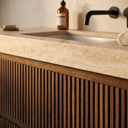 Arven Ahşap Çıtalı & Traverten Tablalı Asma Banyo Dolabı