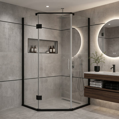 CA Banyo Mat Siyah Beşgen Açılı Menteşeli Köşe Duşakabin