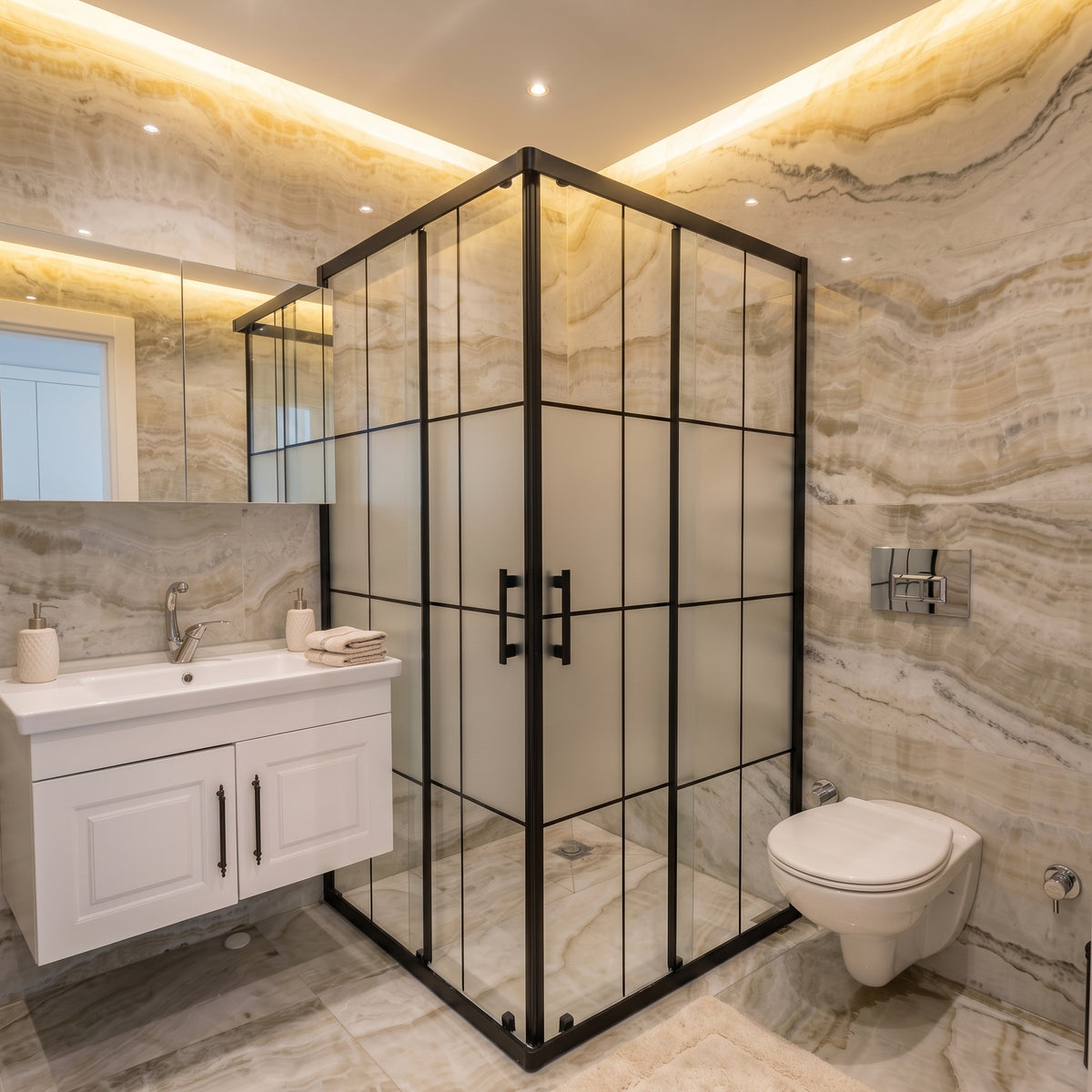 CA Banyo Mat Siyah Karolajlı Buzlu Camlı Köşe Girişli Sürgülü Duşakabin