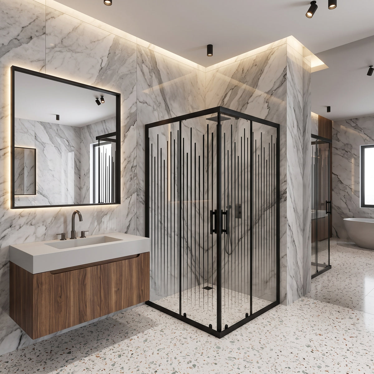 CA Banyo Mat Siyah Dikey Çizgili Desenli Sürgülü Köşe Duşakabin