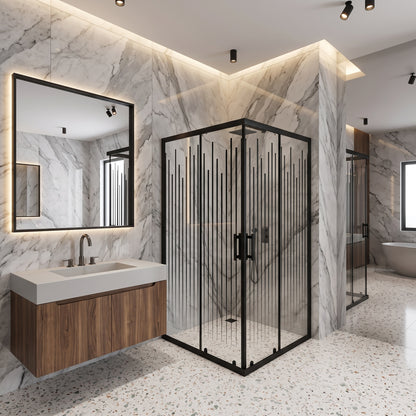 CA Banyo Mat Siyah Dikey Çizgili Desenli Sürgülü Köşe Duşakabin