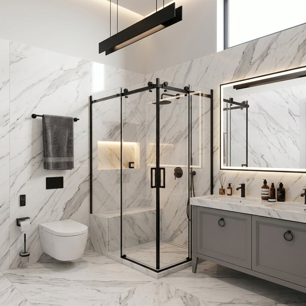 CA Banyo Mat Siyah Üstten Makaralı Köşe Girişli Sürgülü Duşakabin