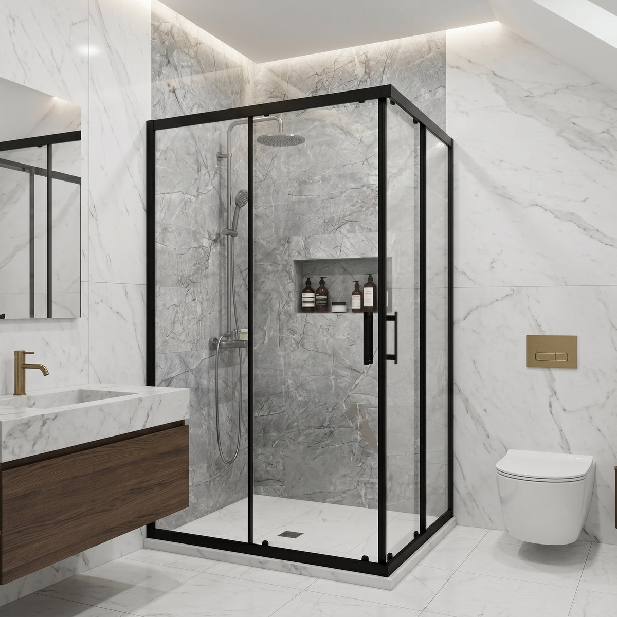 CA Banyo Mat Siyah Çerçeveli Şeffaf Camlı Köşe Girişli Sürgülü Duşakabin