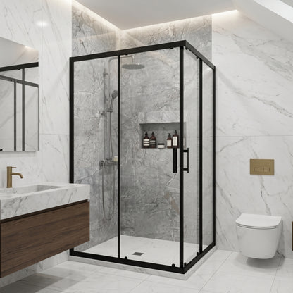 CA Banyo Mat Siyah Çerçeveli Şeffaf Camlı Köşe Girişli Sürgülü Duşakabin