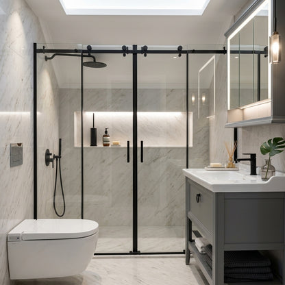 CA Banyo Mat Siyah Üstten Makaralı İki Duvar Arası Duşakabin