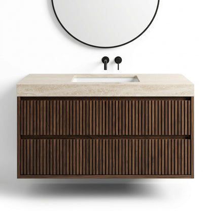 Arven Ahşap Çıtalı & Traverten Tablalı Asma Banyo Dolabı