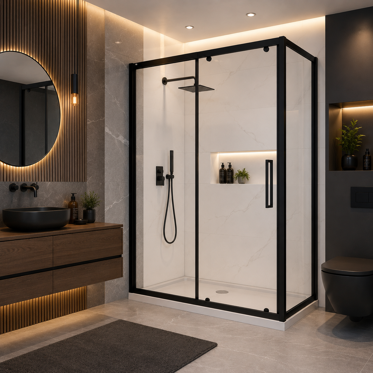 CA Banyo Mat Siyah Profil Şeffaf Camlı Dikdörtgen Sürgülü Köşe Duşakabin