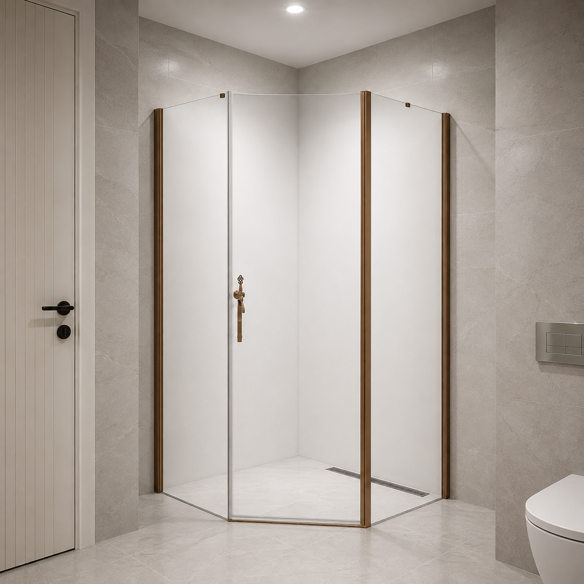 CA Banyo Bronz Profil Şeffaf Camlı Köşe Girişli Menteşeli Duşakabin