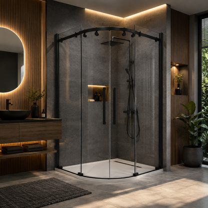 CA Banyo Mat Siyah Profil Şeffaf Camlı Oval Çift Askılı Sürgülü Duşakabin