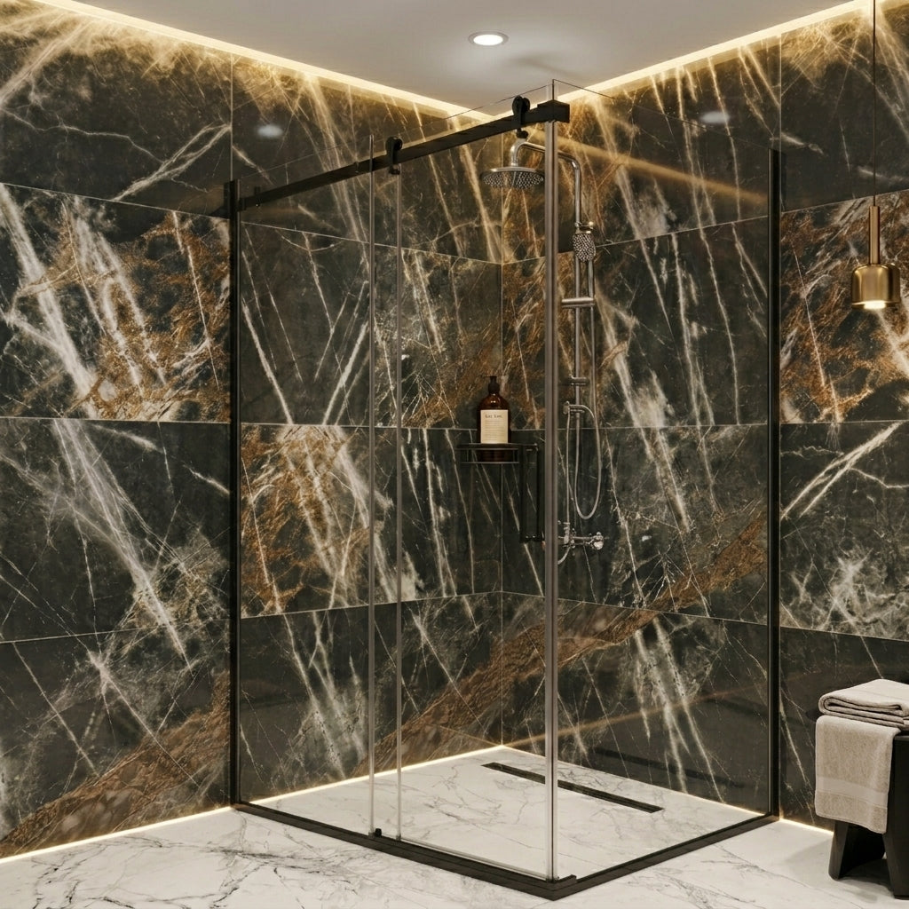 CA Banyo Mat Siyah Şeffaf Camlı Sürgülü Köşe Duşakabin