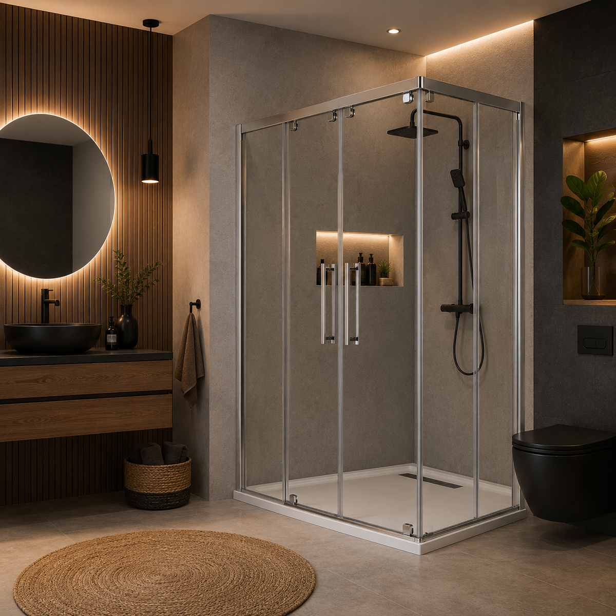 CA Banyo Parlak Krom Profil Şeffaf Camlı Çift Sürgülü Dikdörtgen Köşe Duşakabin