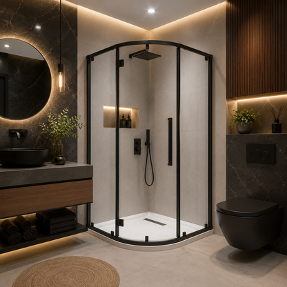 CA Banyo Mat Siyah Profil Şeffaf Camlı Oval Menteşeli Duşakabin
